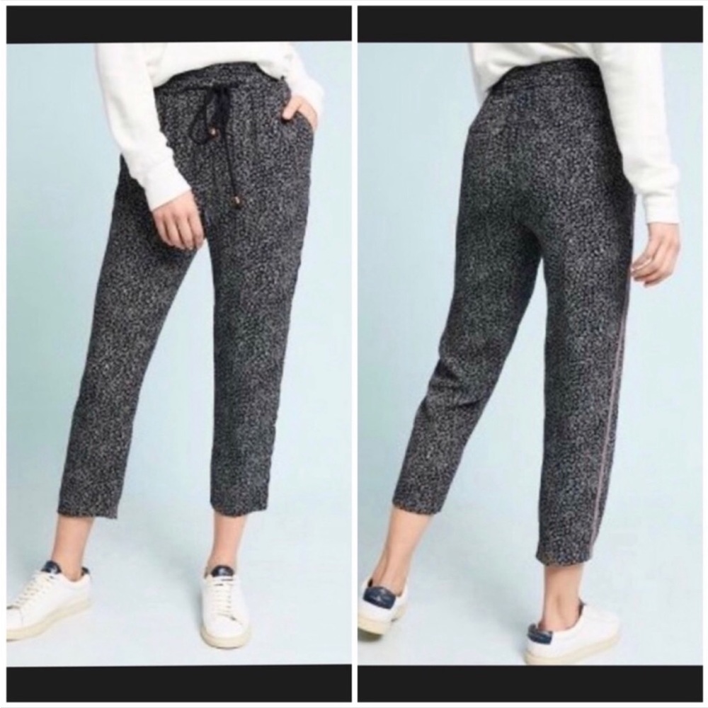 Anthropologie Speckled Black Cropped Joggers with Side Stripe